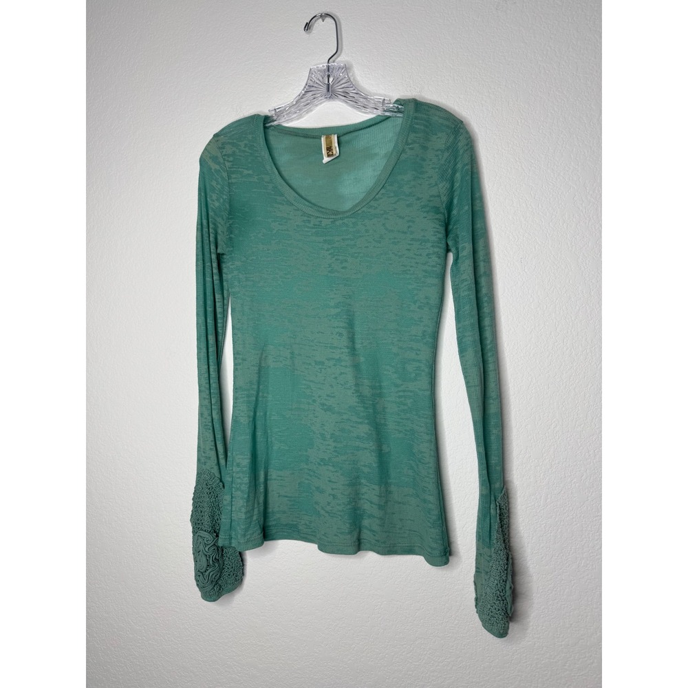 BKE Teal Burnout Long Sleeve Top Crochet Lace Rosette Cuffs Womens Size M Y2K